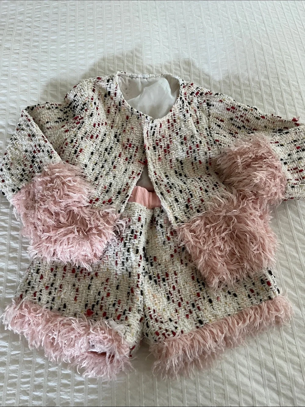 Ivory and pink Tweed Two-Piece Set with Blush Pink Feather Trim